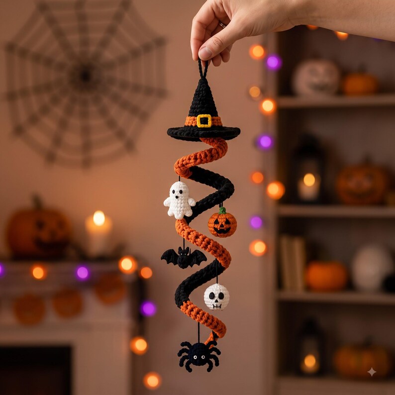 Crochet Spiral Halloween Garland, Witch Hat Ghost Bat Pumpkin Decor