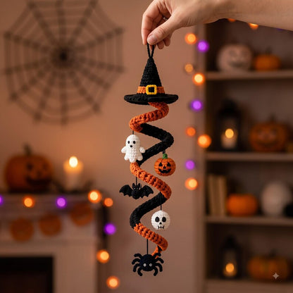 Crochet Spiral Halloween Garland, Witch Hat Ghost Bat Pumpkin Decor
