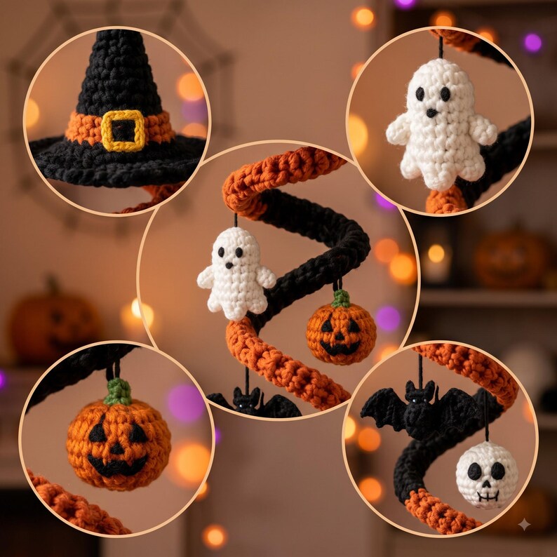 Crochet Spiral Halloween Garland, Witch Hat Ghost Bat Pumpkin Decor