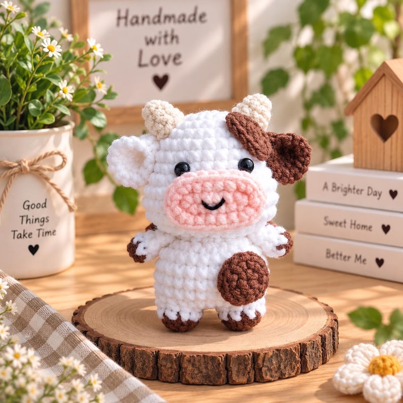 Little Fluffy Cow Plushie, Cute Mini Cow Crochet Plush, Moochi Tiny Cow, Cow Amigurumi, Crochet Bag Charm, Crochet Keychain, Stuffed Animal