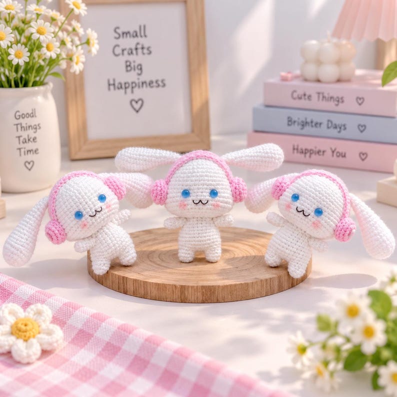 Cinnamoroll Crochet Plush with Pink Headphones, Cute Bunny Amigurumi Toy, Handmade Kawaii Stuffed Animal, Soft Gift for Kids Friends, Miffy