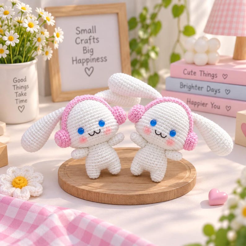 Cinnamoroll Crochet Plush with Pink Headphones, Cute Bunny Amigurumi Toy, Handmade Kawaii Stuffed Animal, Soft Gift for Kids Friends, Miffy