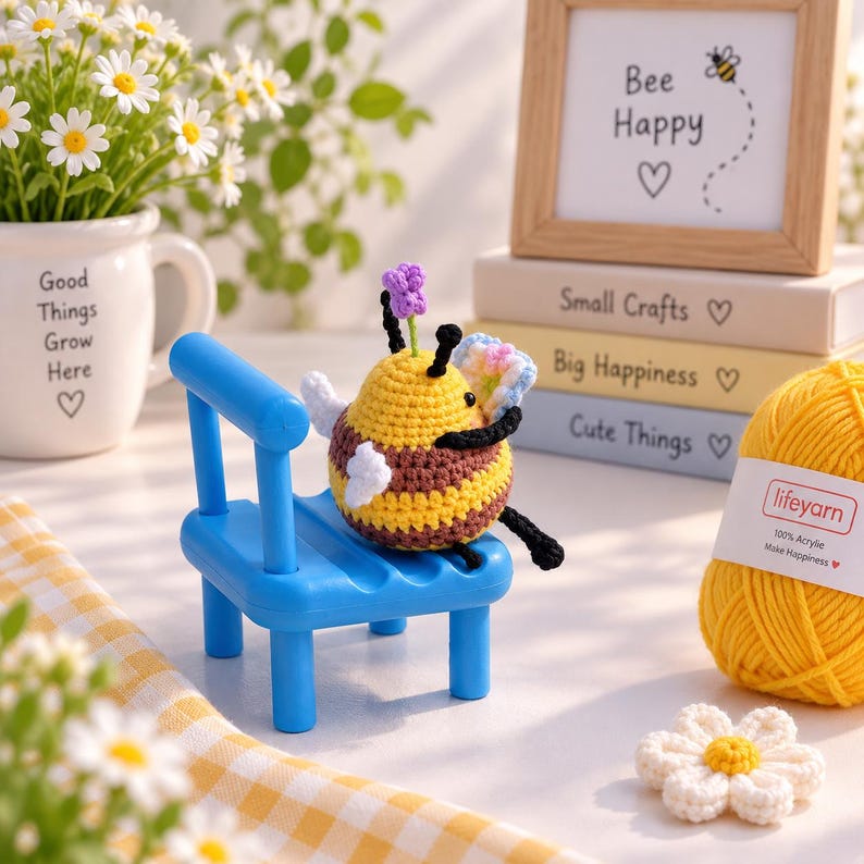 Handmade Crochet Reading Bee Plush, Mini Bee Plush Toy, Cozy Gift for Book Lovers, Cute Amigurumi Bee with Book, Kawaii Crochet Animal Doll