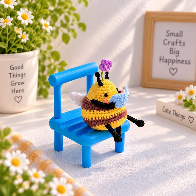 Handmade Crochet Reading Bee Plush, Mini Bee Plush Toy, Cozy Gift for Book Lovers, Cute Amigurumi Bee with Book, Kawaii Crochet Animal Doll