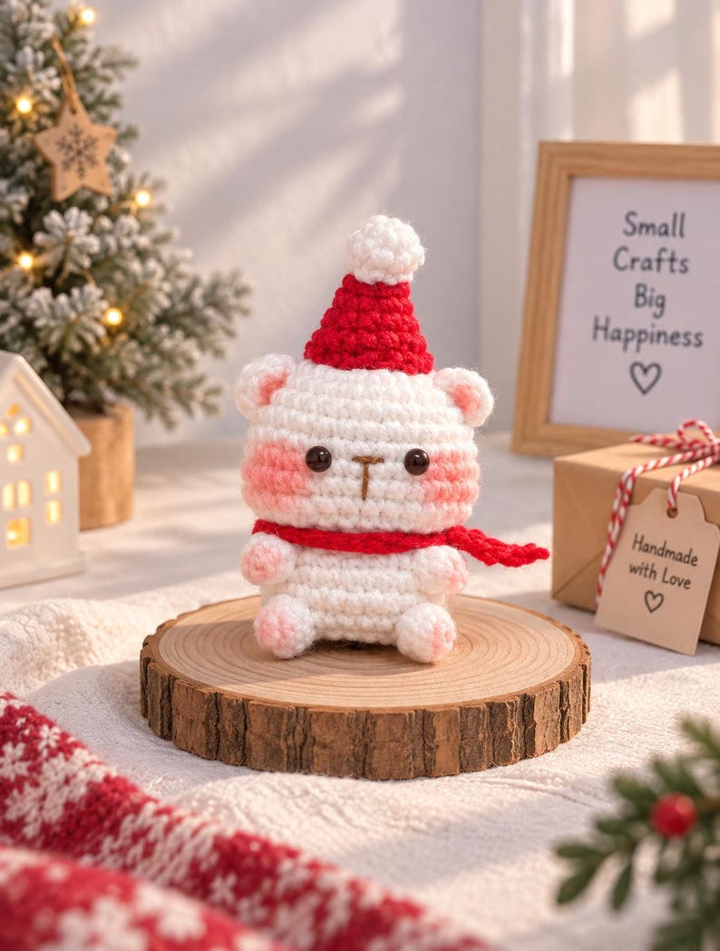 Handmade Teddy Bear Plush with Hat & Scarf, Crochet Christmas Bear Ornament , Cute Holiday Gift, Xmas Tree Decoration, Winter Gift