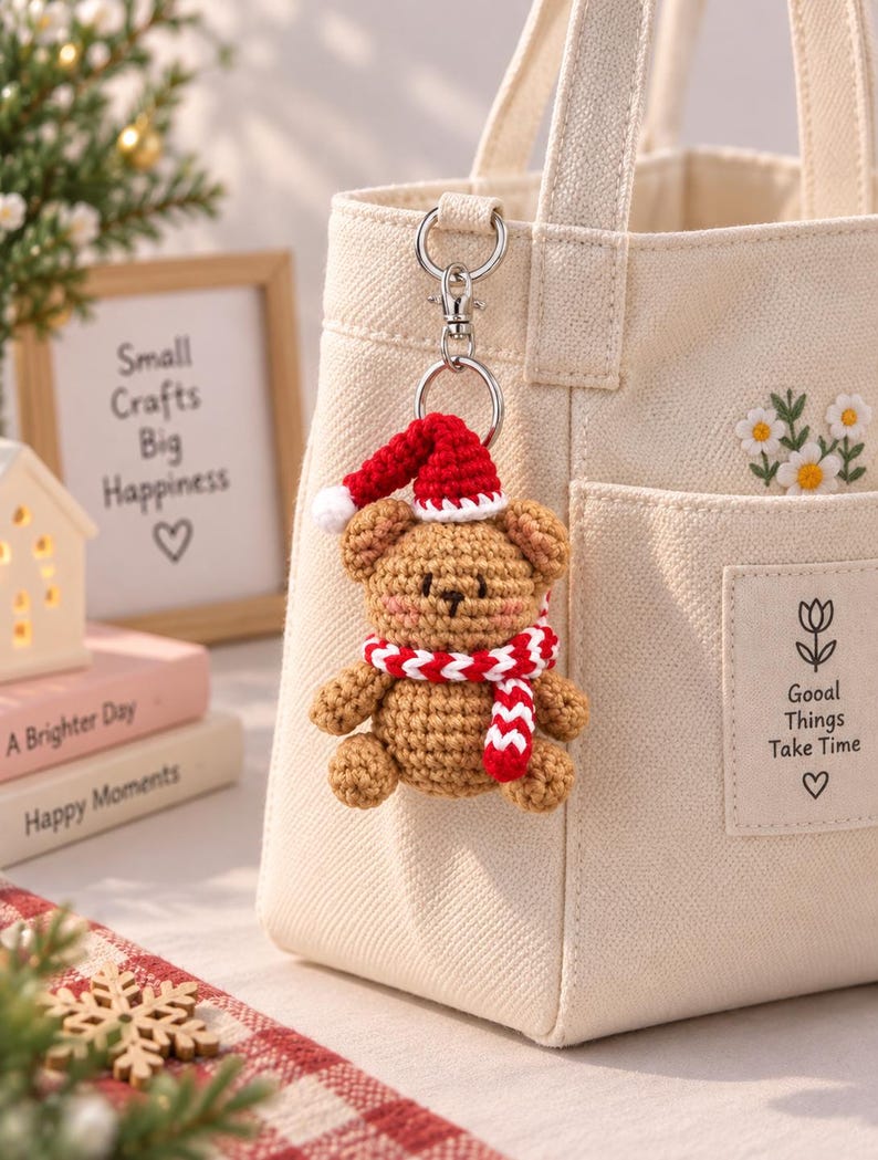 Handmade Teddy Bear Plush with Hat & Scarf, Crochet Christmas Bear Ornament , Cute Holiday Gift, Xmas Tree Decoration, Winter Gift