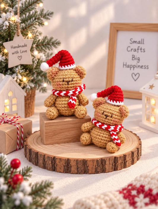Handmade Teddy Bear Plush with Hat & Scarf, Crochet Christmas Bear Ornament , Cute Holiday Gift, Xmas Tree Decoration, Winter Gift