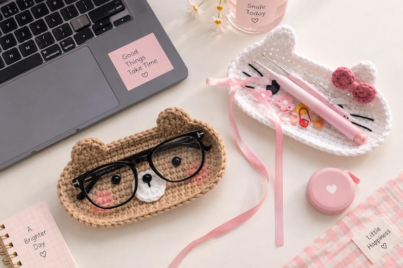 Crochet Bunny, Bear, Kitty Glasses Holder: Acrylic Yarn Bear Eyeglass Tray, Crochet Glasses Holder