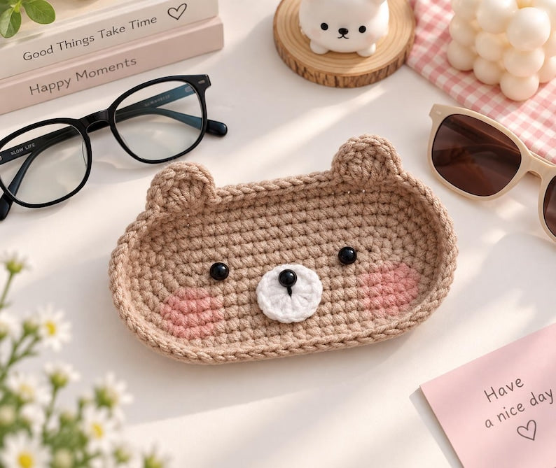 Crochet Bunny, Bear, Kitty Glasses Holder: Acrylic Yarn Bear Eyeglass Tray, Crochet Glasses Holder