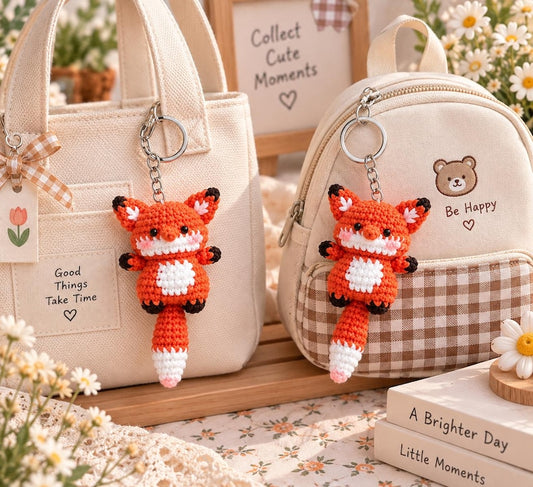 Crochet Fox Plushie Keychain: Handmade Cotton Amigurumi Doll