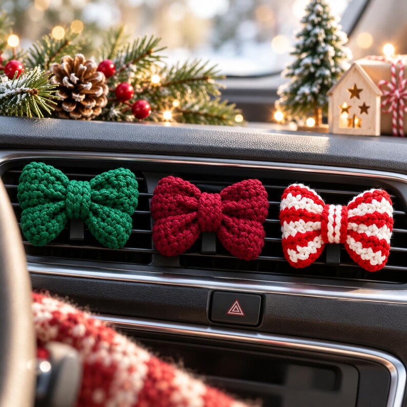 Crochet Christmas Bow Vent Clip, Handmade Car Vent Decor, Holiday Car Accessory, Christmas Car Decoration, Cute Bow Car Clip, Xmas Gift