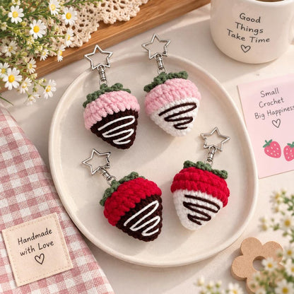 Crochet Strawberry Keychain, Chocolate Covered Strawberry Charm, Handmade Fruit Keychain, Cute Bag Charm, Kawaii Gift for Her