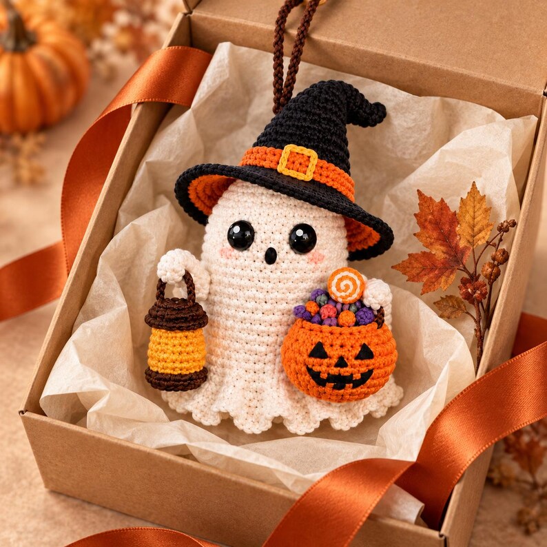 Crochet Ghost Car Ornament | Handmade Halloween Rearview Mirror Charm | Cute Witch Ghost Gift
