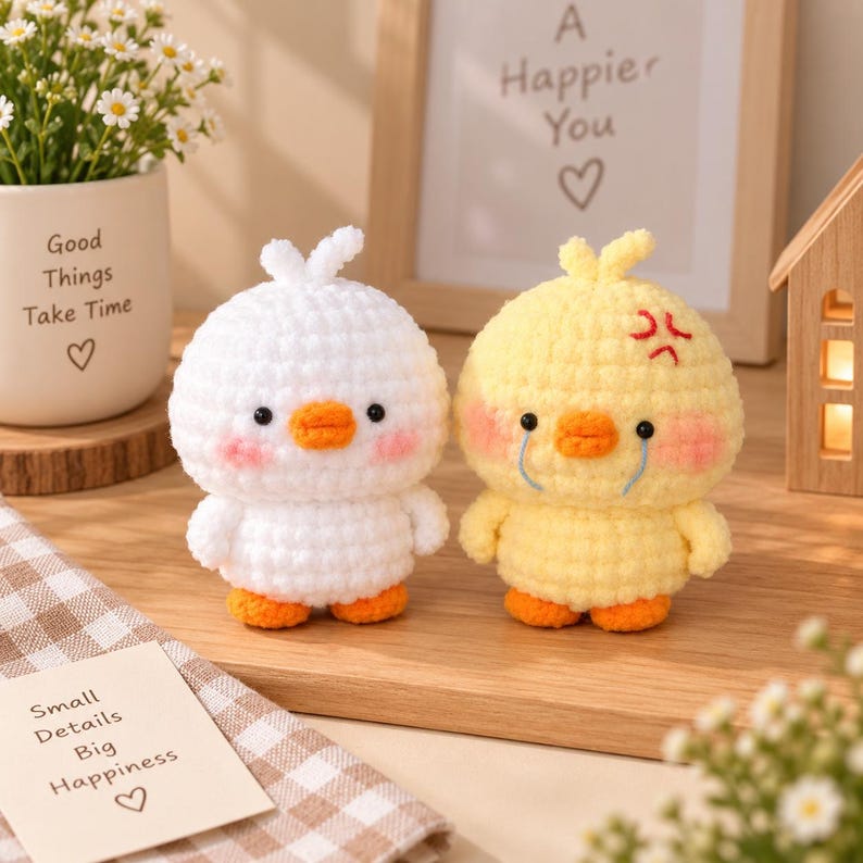 Cute Crochet Duck Plush, Handmade Amigurumi Duck Toy, Kawaii Yellow Duck & White Duck, Mini Crochet Animal, Gift for Duck Lovers, Angry Duck
