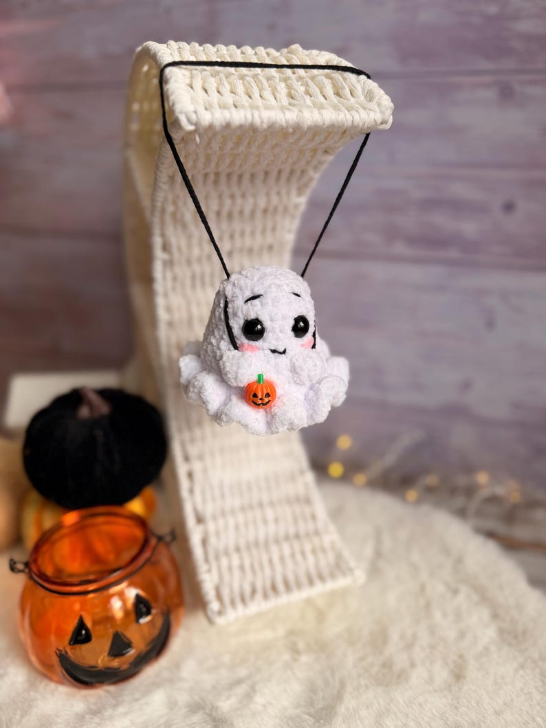 Crochet Ghost Car Hanger, Halloween Rearview Mirror Charm, Spooky Car Decor