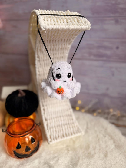 Crochet Ghost Car Hanger, Halloween Rearview Mirror Charm, Spooky Car Decor