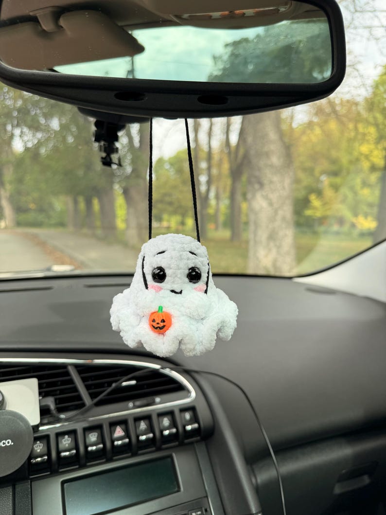 Crochet Ghost Car Hanger, Halloween Rearview Mirror Charm, Spooky Car Decor