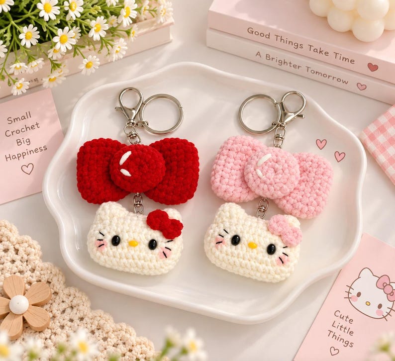 Cute Crochet Kitty Bow Keychain, Handmade Cat Keychain, Kawaii Cat Bag Charm, Plush Kitty Keyring, Gift for Cat Lover, Cute Accessories