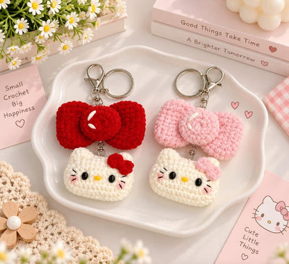 Cute Crochet Kitty Bow Keychain, Handmade Cat Keychain, Kawaii Cat Bag Charm, Plush Kitty Keyring, Gift for Cat Lover, Cute Accessories