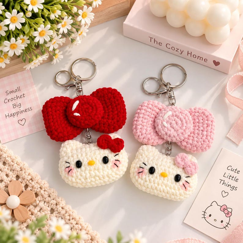 Cute Crochet Kitty Bow Keychain, Handmade Cat Keychain, Kawaii Cat Bag Charm, Plush Kitty Keyring, Gift for Cat Lover, Cute Accessories