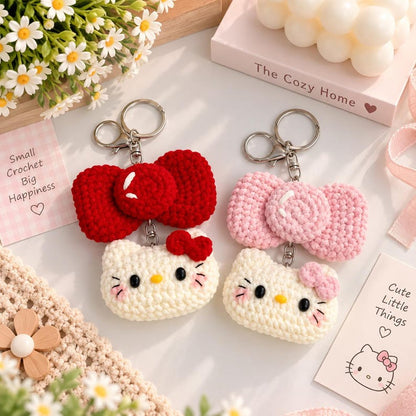 Cute Crochet Kitty Bow Keychain, Handmade Cat Keychain, Kawaii Cat Bag Charm, Plush Kitty Keyring, Gift for Cat Lover, Cute Accessories