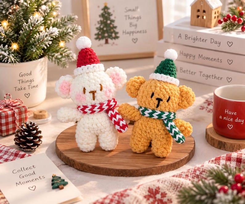 Crochet Christmas Bear Ornament: Handmade Teddy with Hat & Scarf