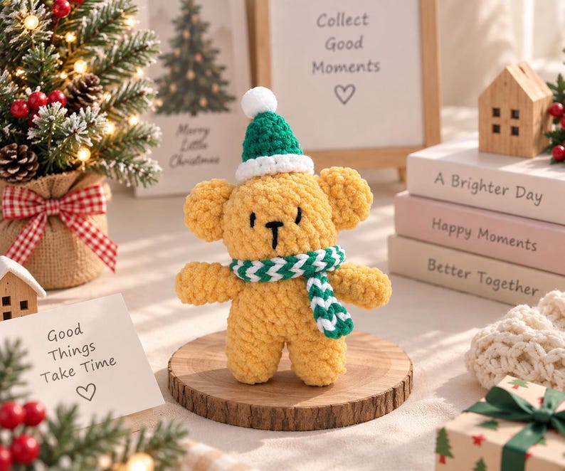 Crochet Christmas Bear Ornament: Handmade Teddy with Hat & Scarf