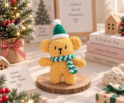 Crochet Christmas Bear Ornament: Handmade Teddy with Hat & Scarf