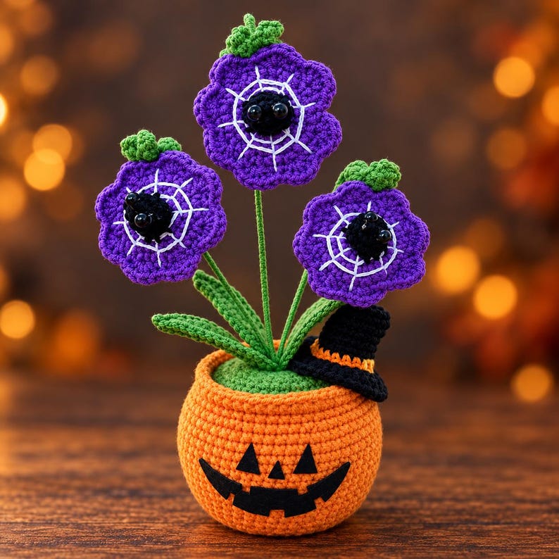Halloween Crochet Flower Pot | Purple Spiderweb Flowers | Handmade Pumpkin Home Decor