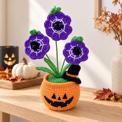 Halloween Crochet Flower Pot | Purple Spiderweb Flowers | Handmade Pumpkin Home Decor