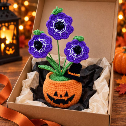 Halloween Crochet Flower Pot | Purple Spiderweb Flowers | Handmade Pumpkin Home Decor