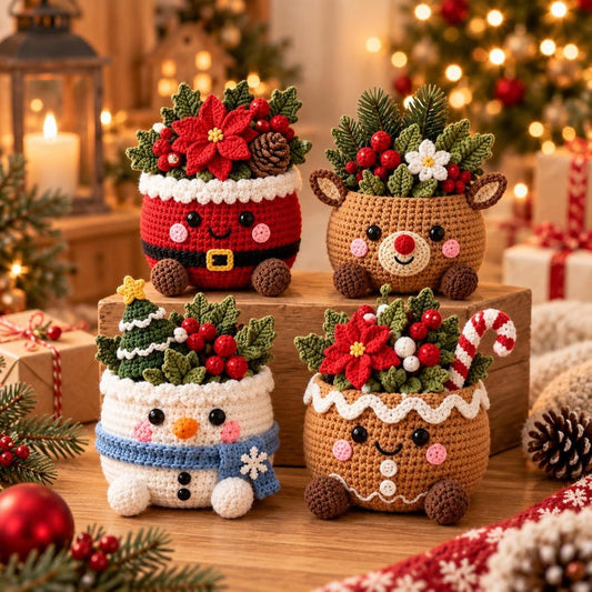 Crochet Christmas Basket, Santa Claus Reindeer Snowman Gingerbread Decor, Handmade Holiday Gift, Amigurumi Christmas Decoration