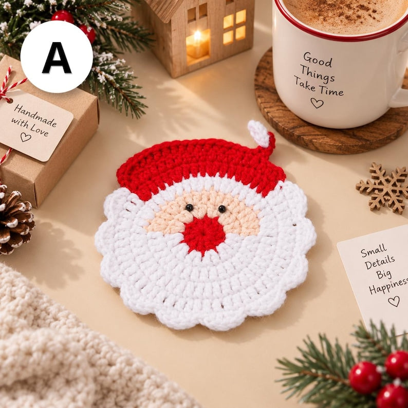 Crochet Christmas Coasters, Handmade Holiday Coaster, Santa Snowman Table Decor, Christmas Mug Rug, Festive Crochet Gift, Christmas Gift