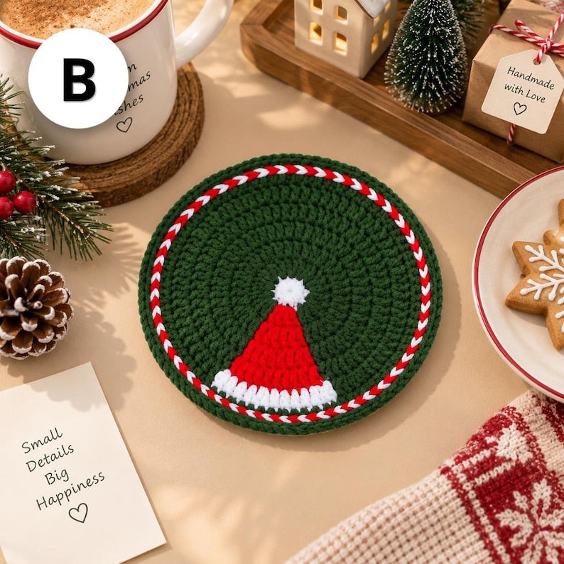 Crochet Christmas Coasters, Handmade Holiday Coaster, Santa Snowman Table Decor, Christmas Mug Rug, Festive Crochet Gift, Christmas Gift