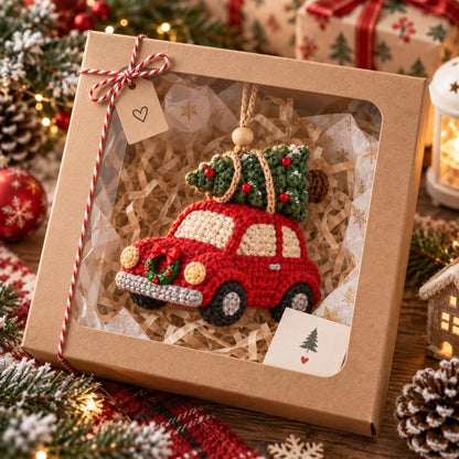 Crochet Christmas Car Ornament, Red Car With Christmas Tree, Rearview Mirror Hanging, Handmade Holiday Car Decor, Christmas Gift