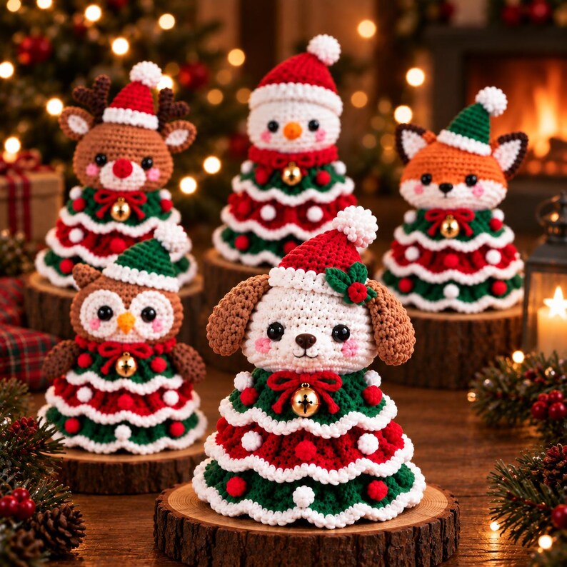Crochet Christmas Tree Doll, Reindeer Fox Owl Snowman Puppy, Handmade Holiday Decor, Amigurumi Christmas Gift