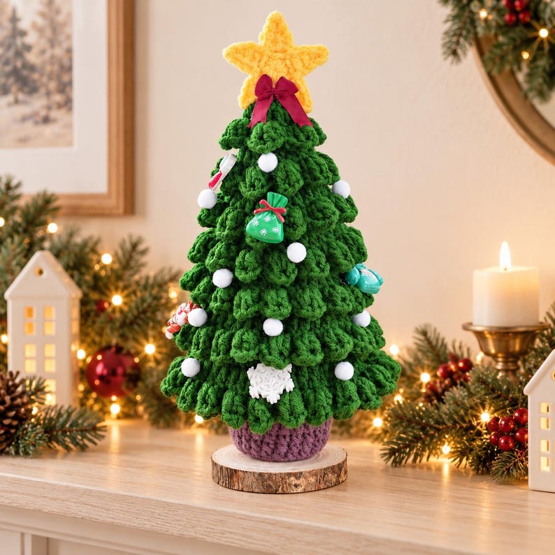 Handmade Crochet Christmas Tree | Green Yarn Tabletop Decoration