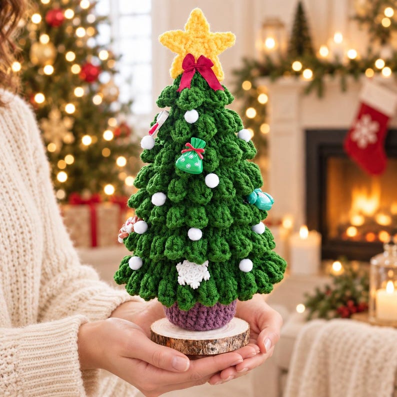 Handmade Crochet Christmas Tree | Green Yarn Tabletop Decoration