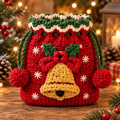 Crochet Christmas Drawstring Bag, Handmade Holiday Gift Pouch, Penguin Wreath Snowflake Candy Cane Bell Decor