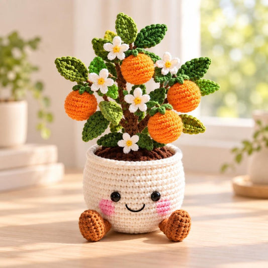 Crochet Orange Tree Decor | Handmade Citrus Plant | Yarn Desk and Shelf Decoration