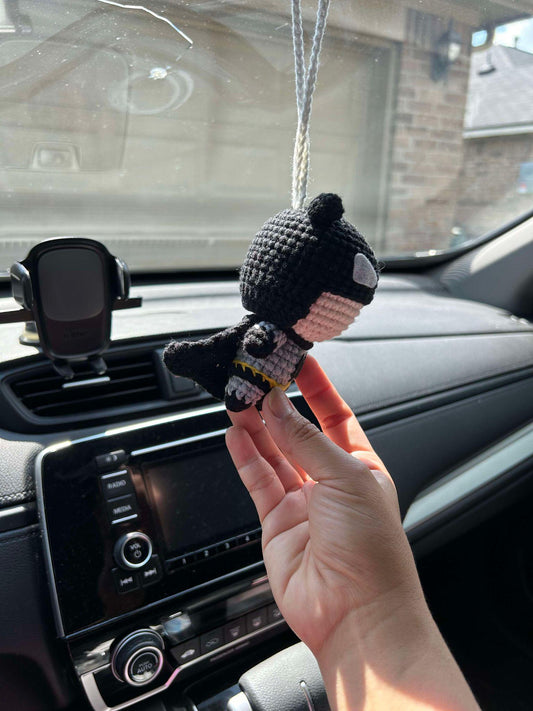 Handmade Crochet Batman Car Charm, Superhero Decor