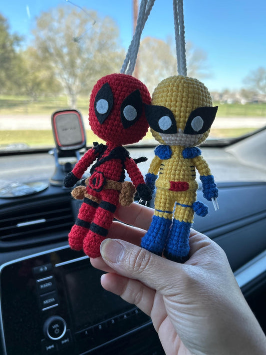 Crochet Deadpool and Wolverine Car Hanging, Handmade Baby Yarn