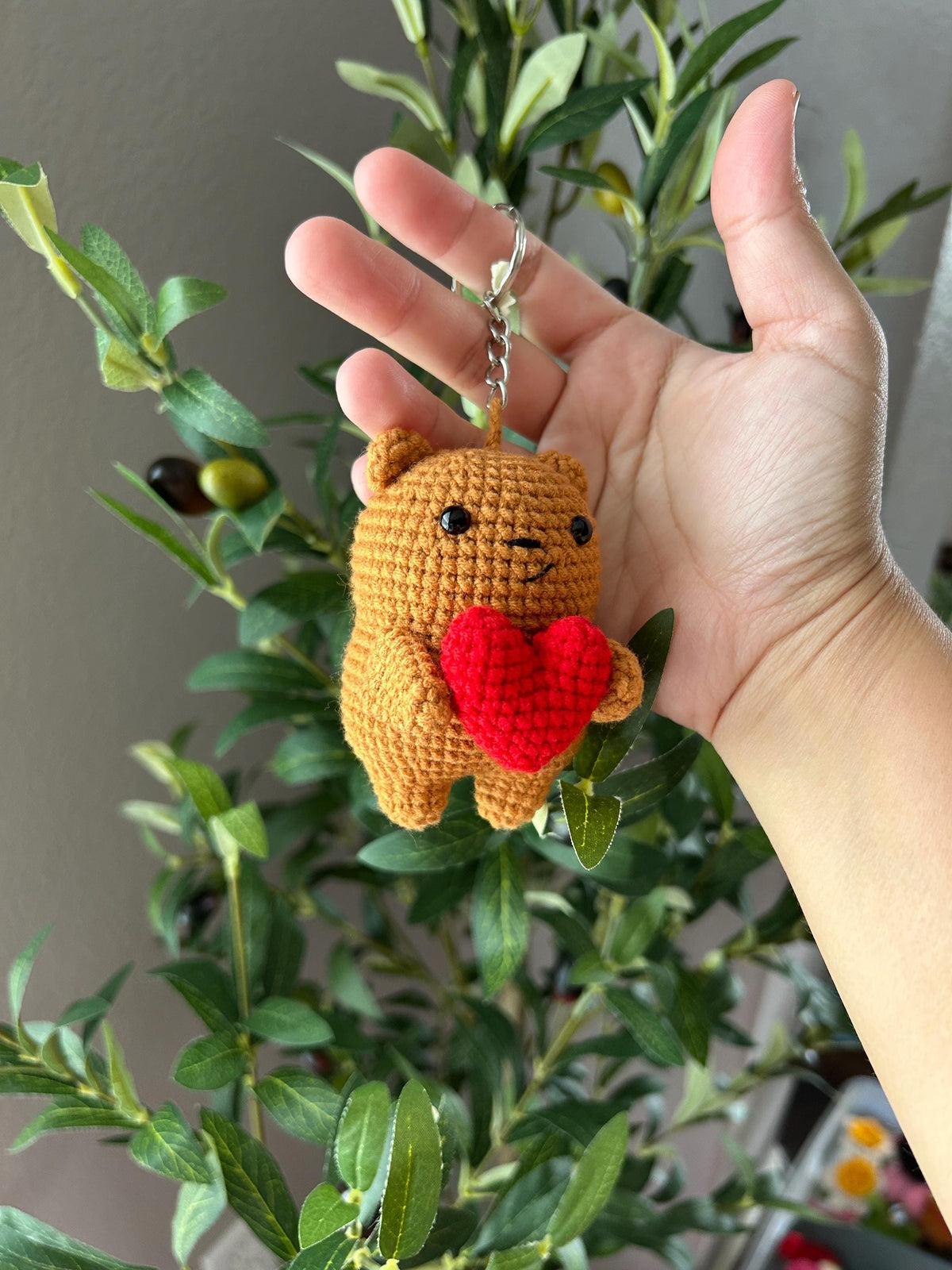 Crochet Bear with Heart Keychain, Valentines Gift