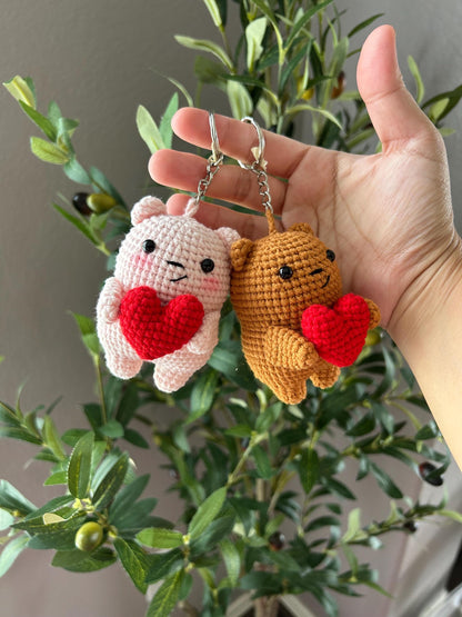 Crochet Bear with Heart Keychain, Valentines Gift