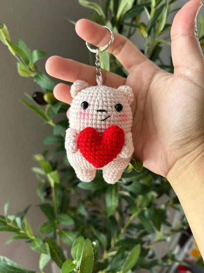 Crochet Bear with Heart Keychain, Valentines Gift