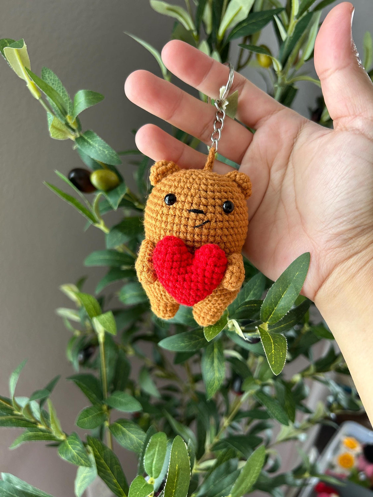 Crochet Bear with Heart Keychain, Valentines Gift