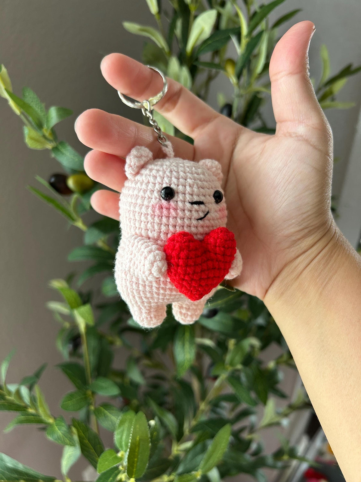 Crochet Bear with Heart Keychain, Valentines Gift