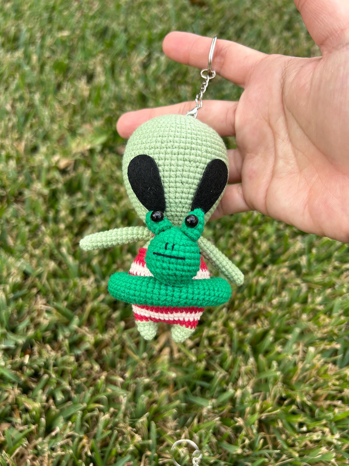 Handmade Crochet Alien Keychain: Baby Yarn, Backpack Charm