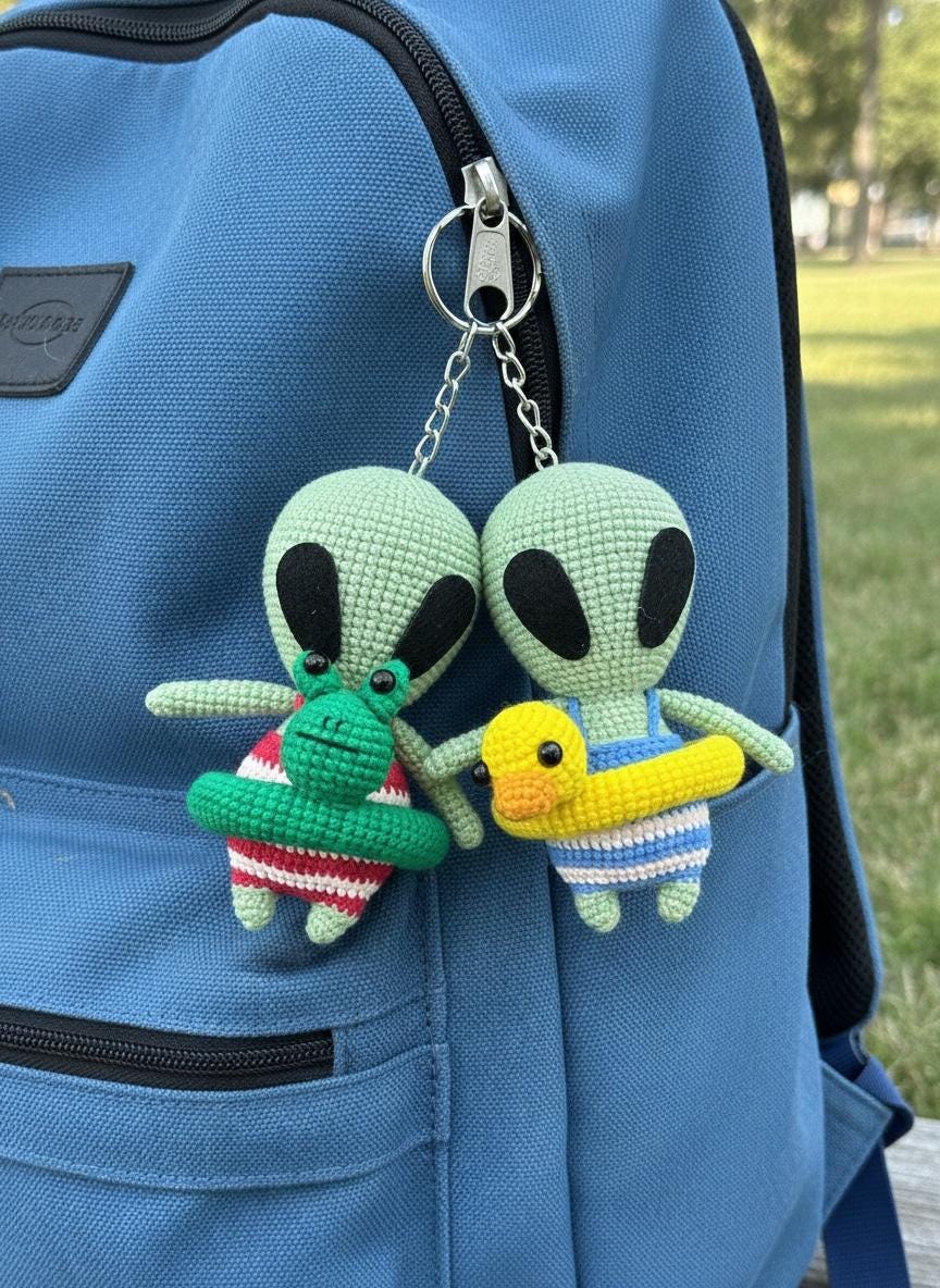 Handmade Crochet Alien Keychain: Baby Yarn, Backpack Charm