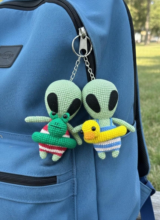 Handmade Crochet Alien Keychain: Baby Yarn, Backpack Charm